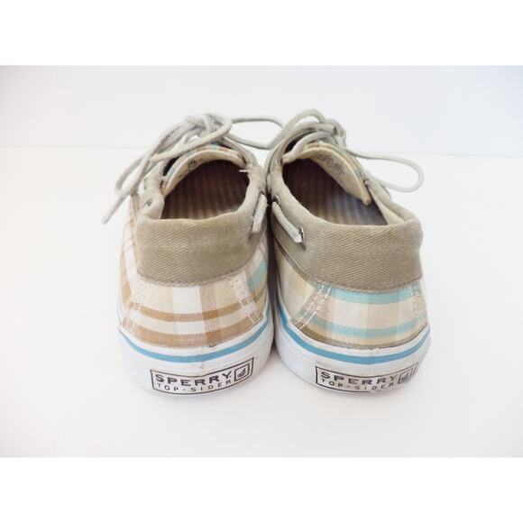 SPERRY TOP SIDER KHAKI & AQUA BROWN PLAID CANVAS BOAT SHOE WOMENS SZ 6.5M - Picture 3 of 7
